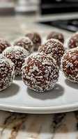 Homemade chocolate energy balls rolled in shredded coconut arranged on white plate, close-up view of healthy vegan dessert snacks with dates and nuts.
