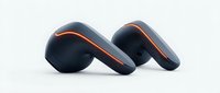 Pair of black wireless earbuds with orange accents, isolated on white background, ready for product design, marketing materials, and tech retail applications.