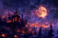 Mystical castle silhouette against cosmic night sky with glowing full moon, pine forest and purple nebula clouds creating fantasy landscape.