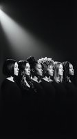 Diverse group of six women in profile under dramatic spotlight beam creating powerful silhouettes against black background for unity and empowerment concepts.
