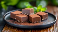 Homemade milk chocolate fudge squares dusted with cocoa powder and sea salt on dark ceramic plate against rustic wooden background with green leaves decoration.