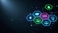 Digital education technology concept with glowing hexagonal icons representing online learning, graduation, and academic tools on dark network background.