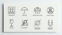 Shipping and handling icons set with care instructions for fragile packages and logistics operations on white background.