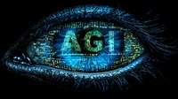 Futuristic human eye with AGI text and digital code elements in neon blue and green colors on black background, representing artificial intelligence concept.