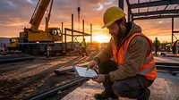 Construction worker in safety vest and hard hat reviewing blueprints at building site during golden hour sunset with crane and steel framework in background.