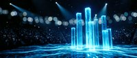 Futuristic holographic city skyline with glowing blue skyscrapers on digital stage with spotlights and audience for technology presentations and events.