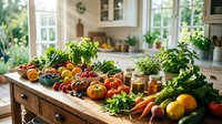 Assorted fresh organic vegetables and fruits arranged on wooden kitchen counter with natural sunlight from windows, ideal for food, cooking, and healthy lifestyle content.
