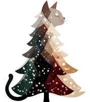 Stylized cat silhouette merged with Christmas tree featuring geometric layers in earth tones with white dots on transparent background.