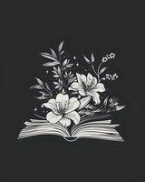 Magical open book with blooming white lilies and leaves emerging from pages on dark background, fantasy floral illustration for book covers and reading concepts.