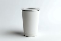 White reusable stainless steel tumbler with lid on white background, modern minimalist design for eco-friendly beverage container mockup isolated.
