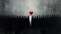 Lone figure with glowing red heart stands out from crowd of silhouettes in moody atmospheric scene representing individuality and human connection.