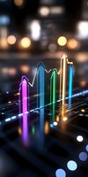 Colorful neon bar graph showing financial data analysis with glowing lines and bokeh effects on dark background, modern business visualization concept.