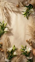 Elegant floral frame with white lilies and dried pampas grass on neutral beige background for wedding invitations and greeting cards.