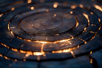 Circular metallic surface with golden light reflections creating dramatic spiral pattern against dark background, macro photography with shallow depth of field.