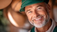 Mature Caucasian male worker with gray beard wearing green cap smiling confidently at camera. Professional headshot with warm lighting and blurred background.