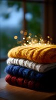 Cozy stack of warm knitted sweaters with magical bokeh lights, featuring autumn colors of yellow, white, navy and burgundy on wooden surface near window.