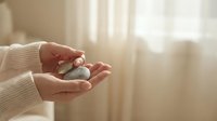Caucasian woman hands holding smooth zen stones in soft natural light, mindfulness and balance concept for wellness and meditation.