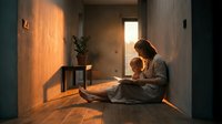 Mother and child reading book together in warm sunlit modern interior with wooden floors and minimalist decor creating cozy family bonding moment at home.
