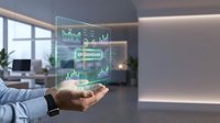 Business professional displaying holographic financial dashboard with charts and analytics in modern office environment for data visualization presentations.