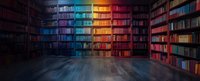 Rainbow colored library bookshelves with rows of books arranged by color spectrum from blue to red, creating dramatic lighting effect on wooden floor.