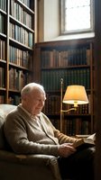 Senior Caucasian man reading book in cozy home library with floor lamp and wooden bookshelves creating warm intellectual atmosphere for education content.