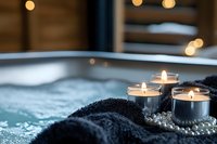 Glowing tea light candles with pearl decorations near spa water, creating relaxing atmosphere against blurred bokeh background for wellness and meditation.