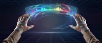 Hands reaching toward holographic interface displaying colorful data visualization and futuristic technology elements on dark digital grid background.
