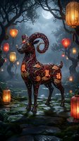 Ornate ram silhouette with intricate patterns stands in mystical forest surrounded by glowing lanterns under moonlight for Chinese New Year celebrations.