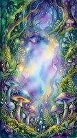 Enchanted forest scene with glowing mushrooms, twisted trees, and magical luminescent plants framing a mystical portal in soft watercolor style, suitable for fantasy artwork and children's book illustrations.