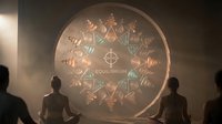 Young adult female and male silhouettes meditating before glowing zodiac wheel with astrological symbols, equilibrium text center, mystical spiritual wellness concept for meditation and astrology.