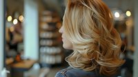 Young blonde woman with wavy hair shown from behind in hair salon with soft bokeh lights. Professional hairstyling and beauty treatment concept for advertising and marketing.
