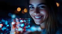 Young woman smiling at digital interface with glowing blue technology symbols and data visualization elements against dark background with bokeh lights.