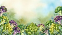 Watercolor illustration of fresh purple and green cauliflower and broccoli vegetables arranged as border frame with copy space, suitable for organic food packaging and culinary designs.