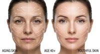 Middle-aged Caucasian woman showing facial aging process with wrinkles and youthful skin comparison for skincare and anti-aging treatment concepts.