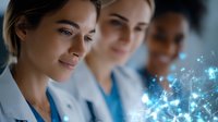 Diverse medical team examining glowing digital data visualization with futuristic blue light effects in modern hospital setting. Healthcare technology concept.