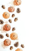 Watercolor autumn pattern with orange pumpkins, brown acorns and pine cones on white background. Seasonal fall harvest design for thanksgiving decor.