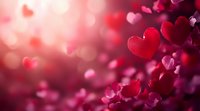 Red and pink hearts floating on blurred romantic background with bokeh lights creates dreamy Valentine's Day atmosphere for greeting cards and love declarations.