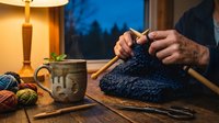 Cozy evening knitting scene with hands crafting dark blue wool sweater, wooden needles, yarn balls and ceramic mug on rustic table by window.