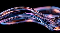 Abstract flowing liquid with neon pink and blue light effects creating dynamic waves and splashes against dark background, modern artistic macro photography.