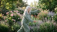 Senior Caucasian woman practicing tai chi in blooming garden with pink roses and lavender plants during golden hour sunset for wellness and mindfulness.