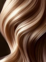 Flowing waves of blonde and brown hair strands creating smooth curves and highlights against dark background, showcasing natural movement and shine.