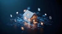 Glowing house model on digital circuit background with floating technology icons, representing smart home automation and IoT connectivity in modern living space.