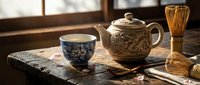 Traditional ceramic teapot and cup with intricate patterns on wooden table near window, creating warm atmosphere for tea ceremony and mindful relaxation moments.