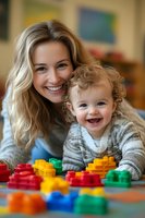 Happy Caucasian mother and toddler son playing with colorful building blocks on floor in bright playroom, bonding time for family development and learning.