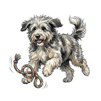 Terrier mix dog with salt and pepper coat playing with colorful braided rope toy, isolated on white background for pet product design and marketing materials.