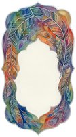 Watercolor feather frame with vibrant rainbow colors and tribal patterns on transparent background for bohemian design projects and spiritual artwork.