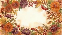 Watercolor autumn floral frame with dahlias, berries, oak leaves, and acorns in warm orange, red, and brown tones, copy space in center.