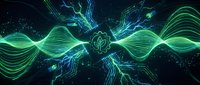 Digital green energy waves flowing through dark space with glowing circuit patterns and leaf symbol representing sustainable technology and eco-friendly innovation.