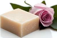Natural handmade soap bar with pink rose flower on white surface, organic skincare and aromatherapy concept for spa and wellness products.