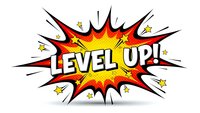 Comic book explosion burst with Level Up text in retro pop art style. Colorful starburst design isolated on white background for gaming graphics.